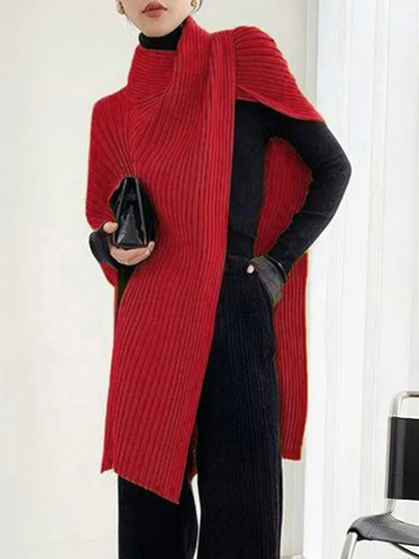 Loose Asymmetric Solid Color Split-Joint High Neck Sweater Tops - Image 2