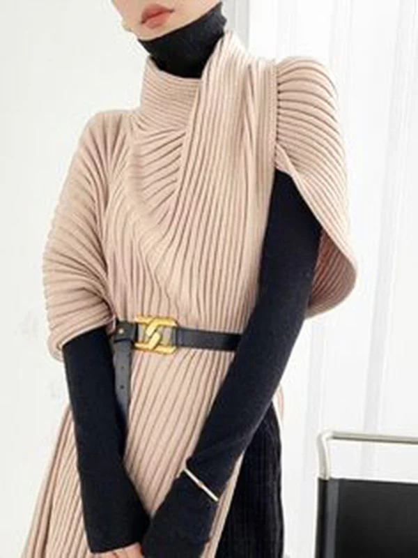 Loose Asymmetric Solid Color Split-Joint High Neck Sweater Tops - Image 5