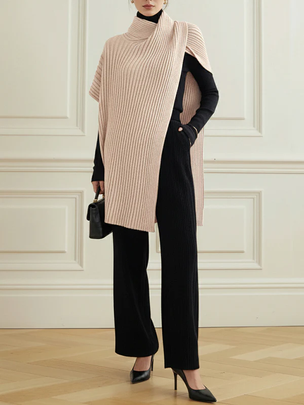 Loose Asymmetric Solid Color Split-Joint High Neck Sweater Tops - Image 6