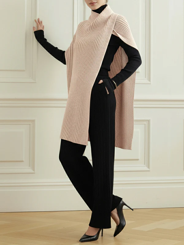 Loose Asymmetric Solid Color Split-Joint High Neck Sweater Tops - Image 8