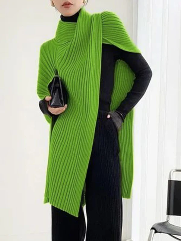 Loose Asymmetric Solid Color Split-Joint High Neck Sweater Tops - Image 9