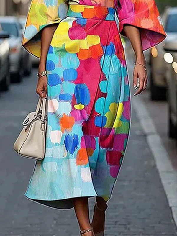 Loose Asymmetric Split-Joint Tied Waist Round-Neck Midi Dresses - Image 3