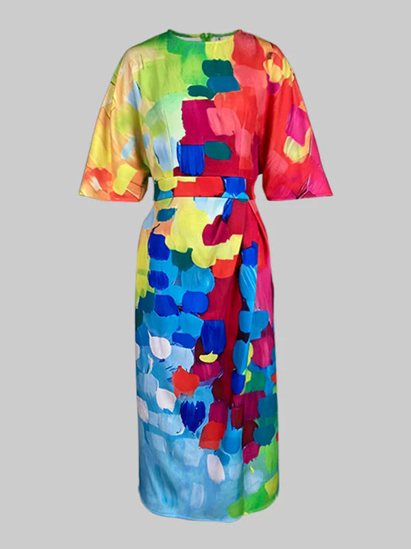 Loose Asymmetric Split-Joint Tied Waist Round-Neck Midi Dresses - Image 4