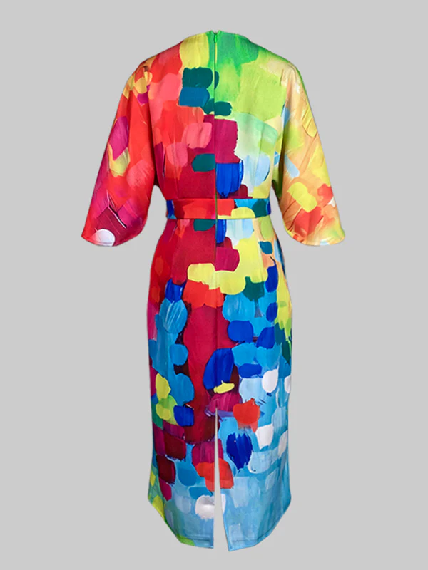 Loose Asymmetric Split-Joint Tied Waist Round-Neck Midi Dresses - Image 5