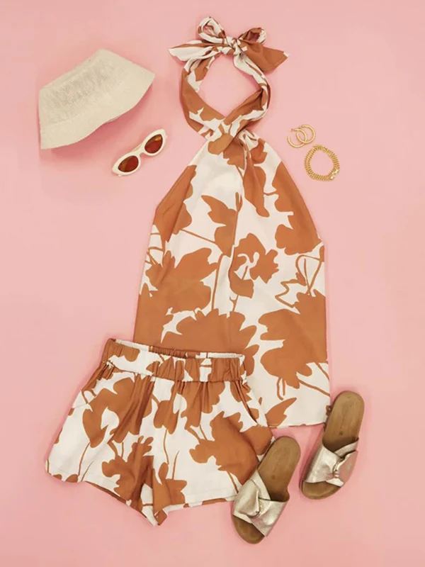 Loose Backless Flower Print Tied Halter-Neck Vest Top + Elasticity Pockets High Waisted Shorts Bottom Two Pieces Set - Image 10