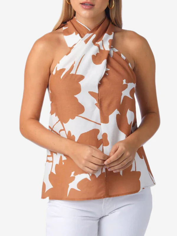 Loose Backless Flower Print Tied Halter-Neck Vest Top + Elasticity Pockets High Waisted Shorts Bottom Two Pieces Set - Image 5