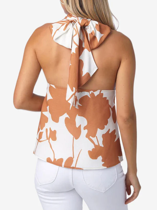 Loose Backless Flower Print Tied Halter-Neck Vest Top + Elasticity Pockets High Waisted Shorts Bottom Two Pieces Set - Image 6