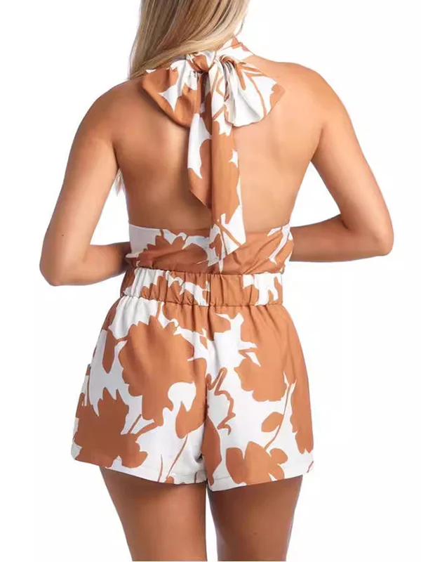 Loose Backless Flower Print Tied Halter-Neck Vest Top + Elasticity Pockets High Waisted Shorts Bottom Two Pieces Set - Image 7