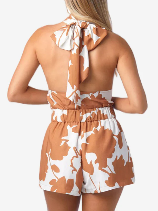 Loose Backless Flower Print Tied Halter-Neck Vest Top + Elasticity Pockets High Waisted Shorts Bottom Two Pieces Set - Image 8