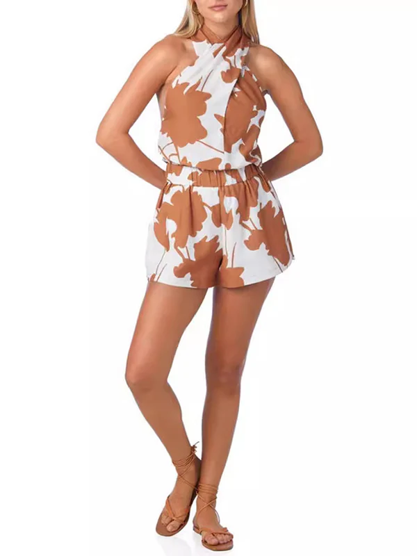 Loose Backless Flower Print Tied Halter-Neck Vest Top + Elasticity Pockets High Waisted Shorts Bottom Two Pieces Set - Image 9