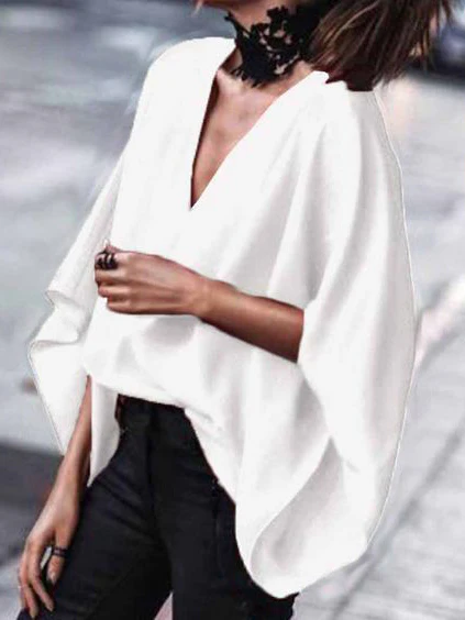 Loose Batwing Sleeves Solid Color V-Neck Blouses&Shirts Tops - Image 3