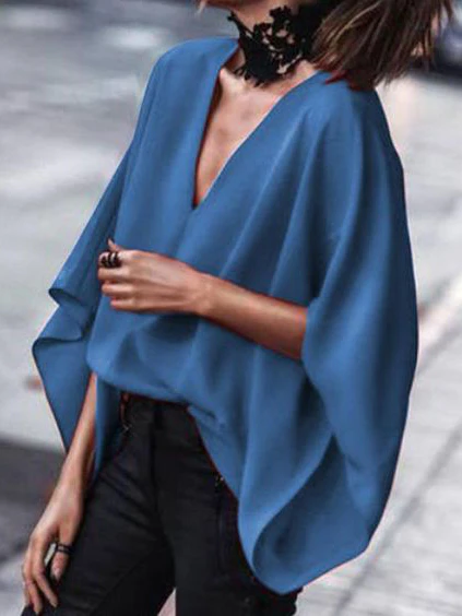 Loose Batwing Sleeves Solid Color V-Neck Blouses&Shirts Tops - Image 4