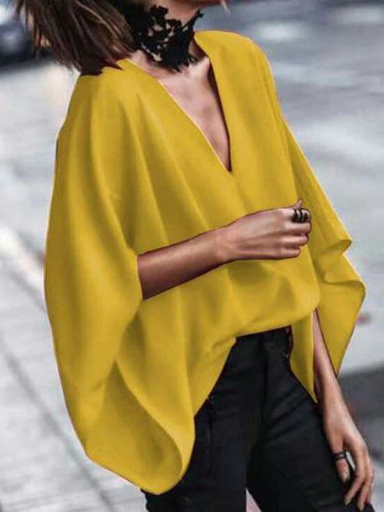 Loose Batwing Sleeves Solid Color V-Neck Blouses&Shirts Tops - Image 5