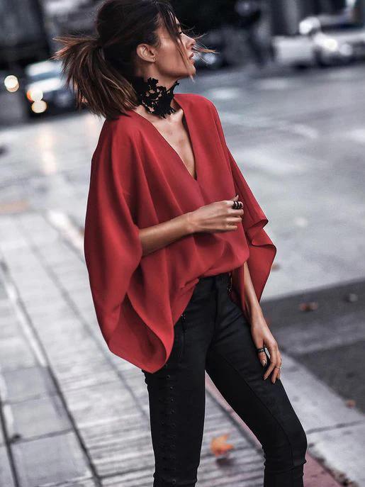 Loose Batwing Sleeves Solid Color V-Neck Blouses&Shirts Tops - Image 6