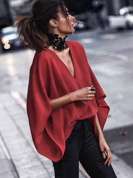 Loose Batwing Sleeves Solid Color V-Neck Blouses&Shirts Tops - Image 7