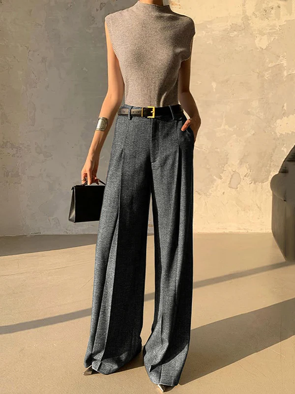 Loose Belted Solid Color Zipper Suit Pants Trousers - Image 2