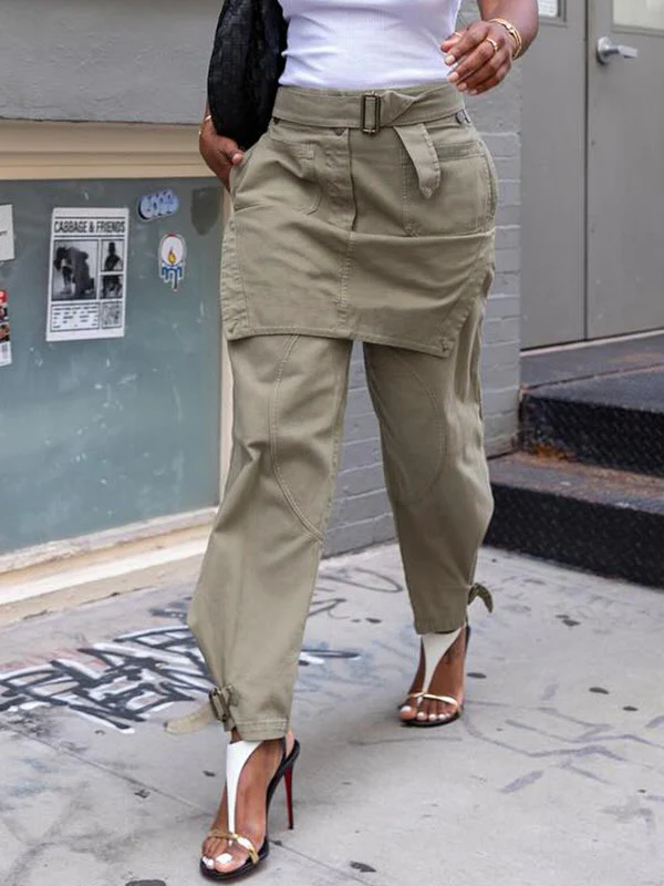 Loose Buckle Solid Color Split-Joint Pants Trousers - Image 2