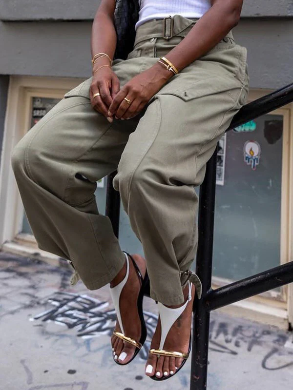 Loose Buckle Solid Color Split-Joint Pants Trousers - Image 3