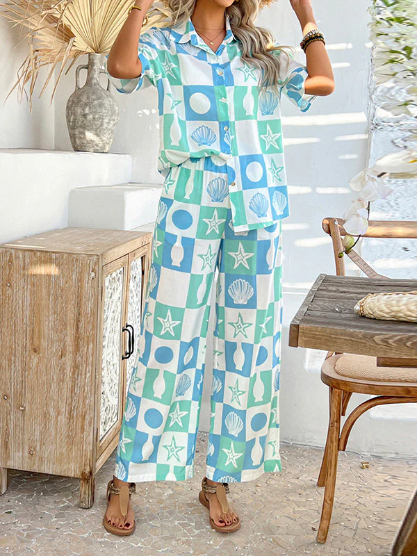 Loose Buttoned Contrast Color Lapel T-Shirt Top + Elasticity Pockets High Waisted Pants Bottom Two Pieces Set - Image 2