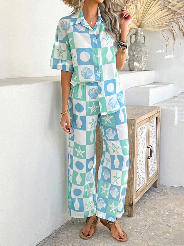 Loose Buttoned Contrast Color Lapel T-Shirt Top + Elasticity Pockets High Waisted Pants Bottom Two Pieces Set - Image 3