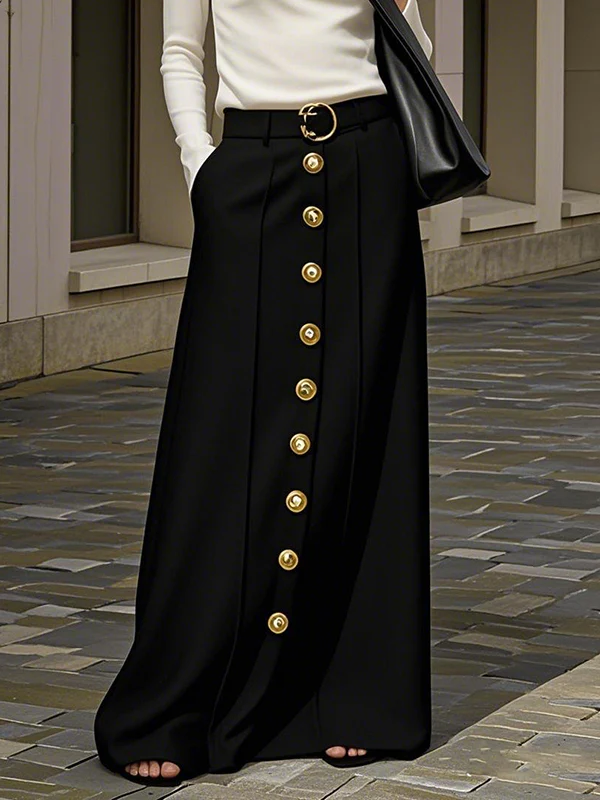 Loose Buttoned No Belt Pockets Solid Color Skirts Bottoms - Image 2