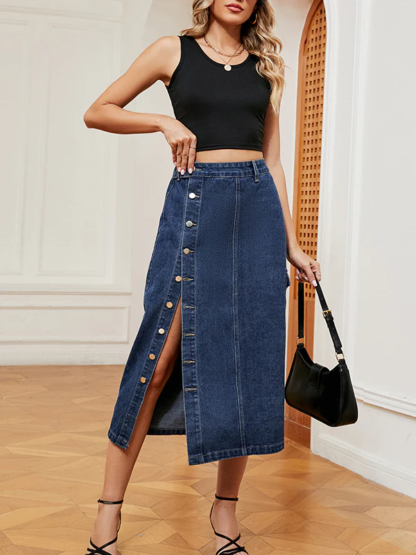 Loose Buttoned Pockets Split-Front Denim Skirts Bottoms - Image 10