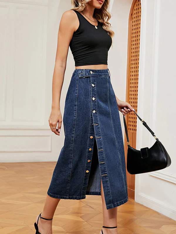 Loose Buttoned Pockets Split-Front Denim Skirts Bottoms - Image 11