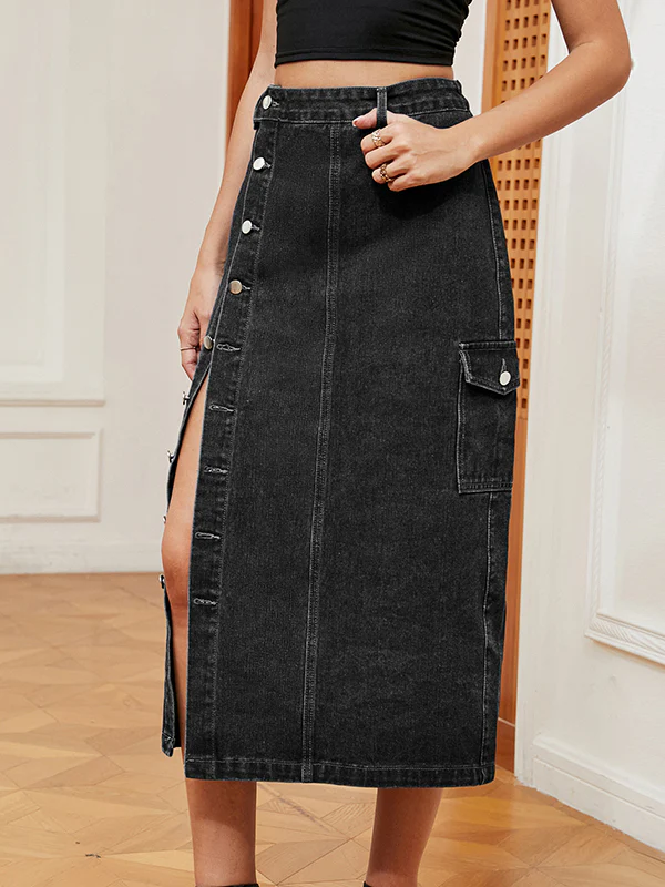 Loose Buttoned Pockets Split-Front Denim Skirts Bottoms - Image 3