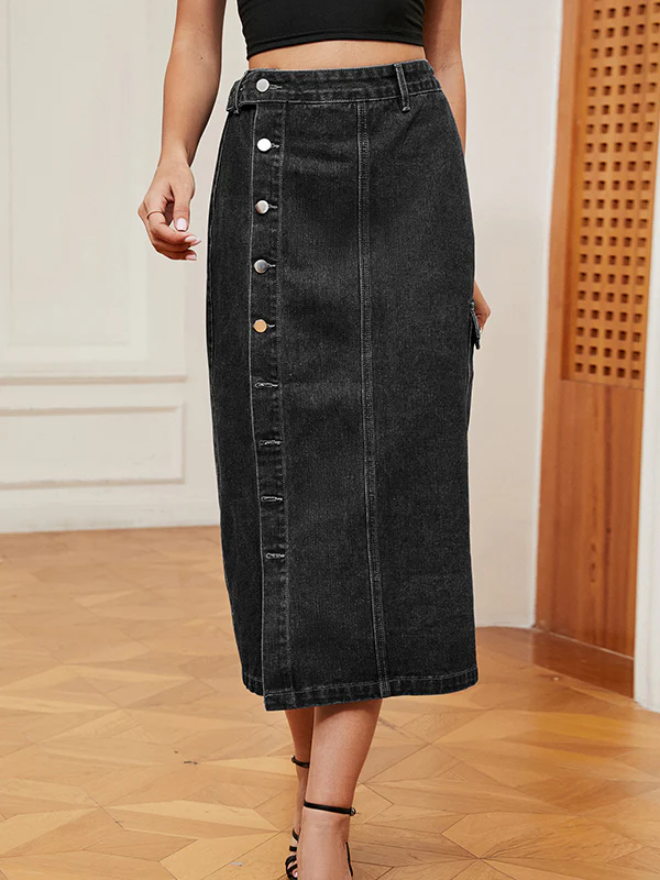 Loose Buttoned Pockets Split-Front Denim Skirts Bottoms - Image 4