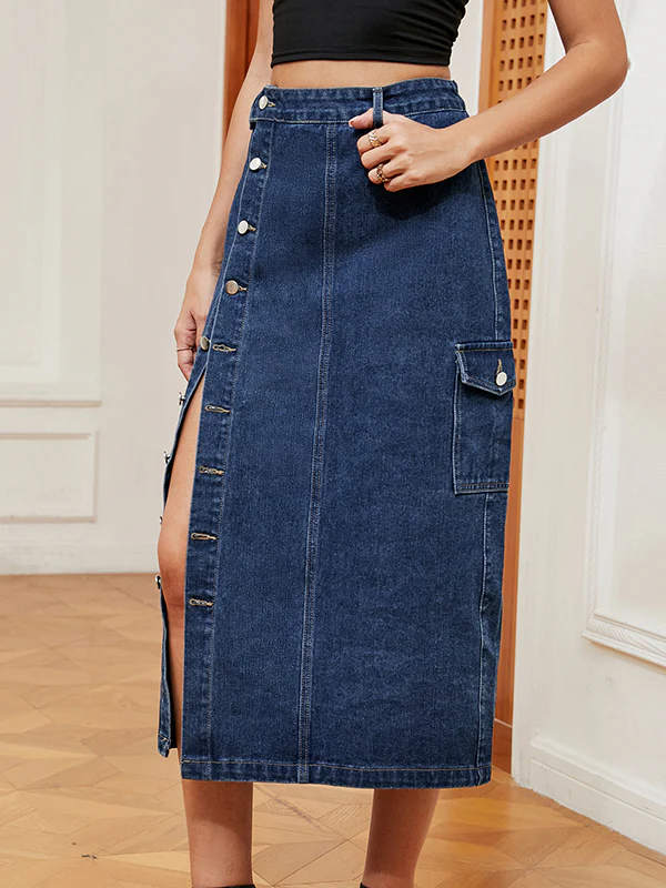 Loose Buttoned Pockets Split-Front Denim Skirts Bottoms - Image 7
