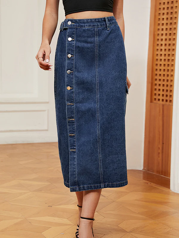 Loose Buttoned Pockets Split-Front Denim Skirts Bottoms - Image 8