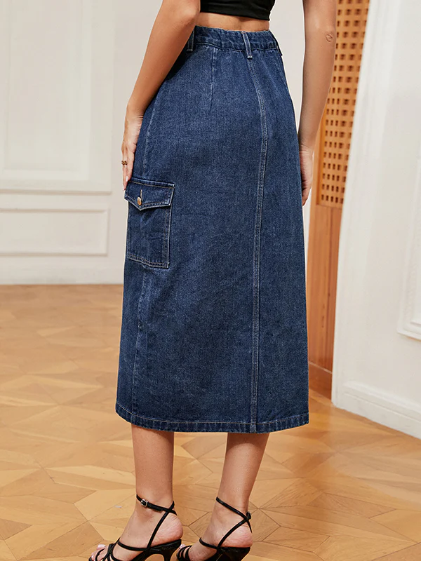 Loose Buttoned Pockets Split-Front Denim Skirts Bottoms - Image 9