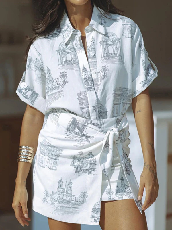 Loose Buttoned Printed Lapel Blouses Tops + Tied Bodycon Skirts Bottom Two Pieces Set - Image 2