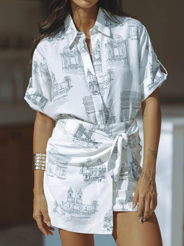 Loose Buttoned Printed Lapel Blouses Tops + Tied Bodycon Skirts Bottom Two Pieces Set - Image 3