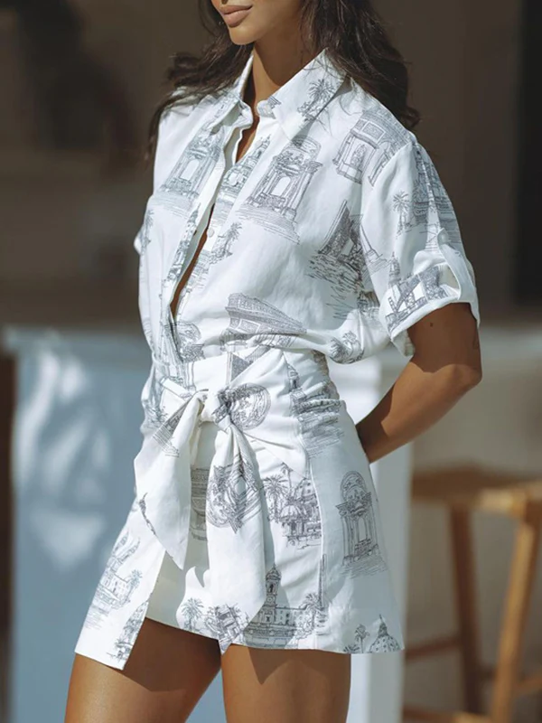 Loose Buttoned Printed Lapel Blouses Tops + Tied Bodycon Skirts Bottom Two Pieces Set - Image 5