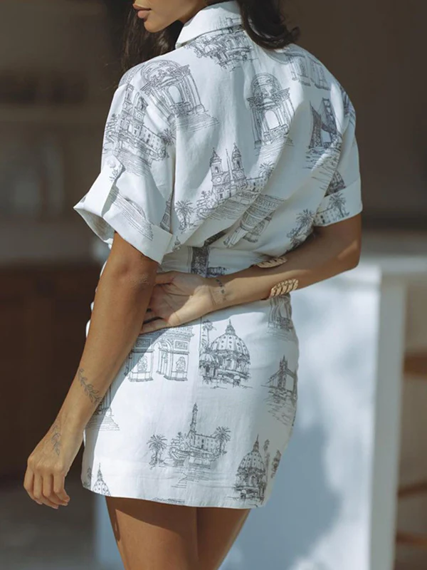 Loose Buttoned Printed Lapel Blouses Tops + Tied Bodycon Skirts Bottom Two Pieces Set - Image 6