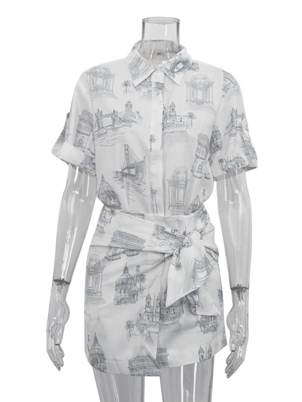 Loose Buttoned Printed Lapel Blouses Tops + Tied Bodycon Skirts Bottom Two Pieces Set - Image 7