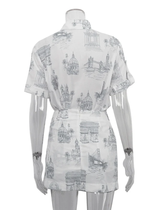 Loose Buttoned Printed Lapel Blouses Tops + Tied Bodycon Skirts Bottom Two Pieces Set - Image 8