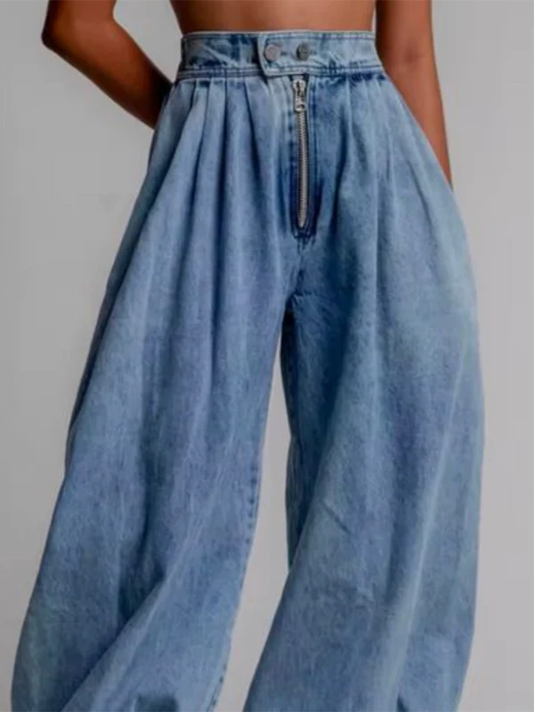 Loose Buttoned Solid Color Zipper Jean Pants Bottoms Knickerbockers Trousers - Image 2