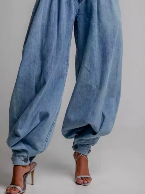 Loose Buttoned Solid Color Zipper Jean Pants Bottoms Knickerbockers Trousers - Image 3