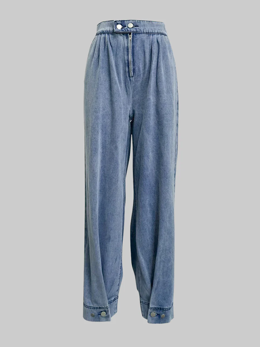 Loose Buttoned Solid Color Zipper Jean Pants Bottoms Knickerbockers Trousers - Image 4