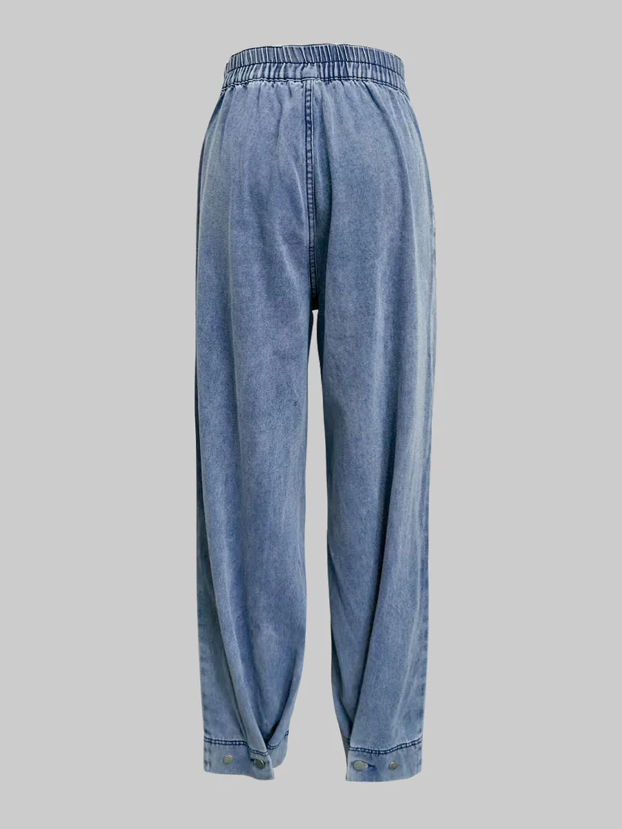 Loose Buttoned Solid Color Zipper Jean Pants Bottoms Knickerbockers Trousers - Image 5