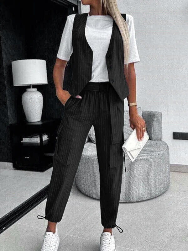 Loose Buttoned Striped V-Neck Vest Top + Drawstring Pockets Ninth Pants Pleated Pants Bottom Two Pieces Set - Image 3