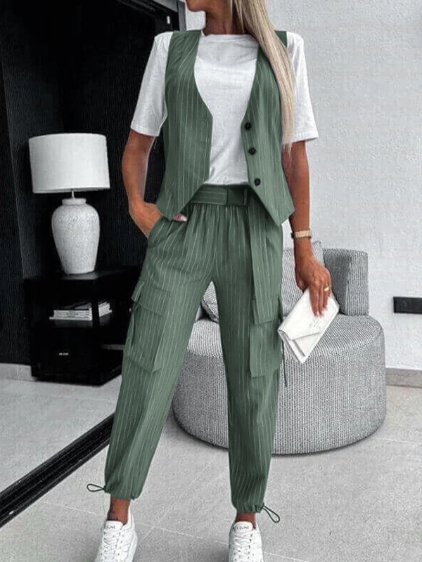 Loose Buttoned Striped V-Neck Vest Top + Drawstring Pockets Ninth Pants Pleated Pants Bottom Two Pieces Set - Image 4