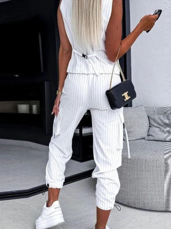 Loose Buttoned Striped V-Neck Vest Top + Drawstring Pockets Ninth Pants Pleated Pants Bottom Two Pieces Set - Image 6