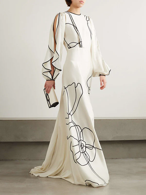Loose Contrast Color Falbala Flower Print Hollow Zipper Maxi Dresses - Image 2