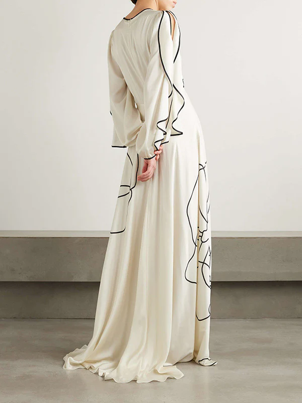 Loose Contrast Color Falbala Flower Print Hollow Zipper Maxi Dresses - Image 3