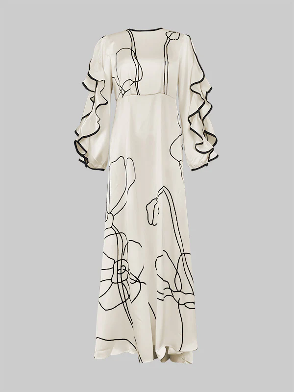 Loose Contrast Color Falbala Flower Print Hollow Zipper Maxi Dresses - Image 4