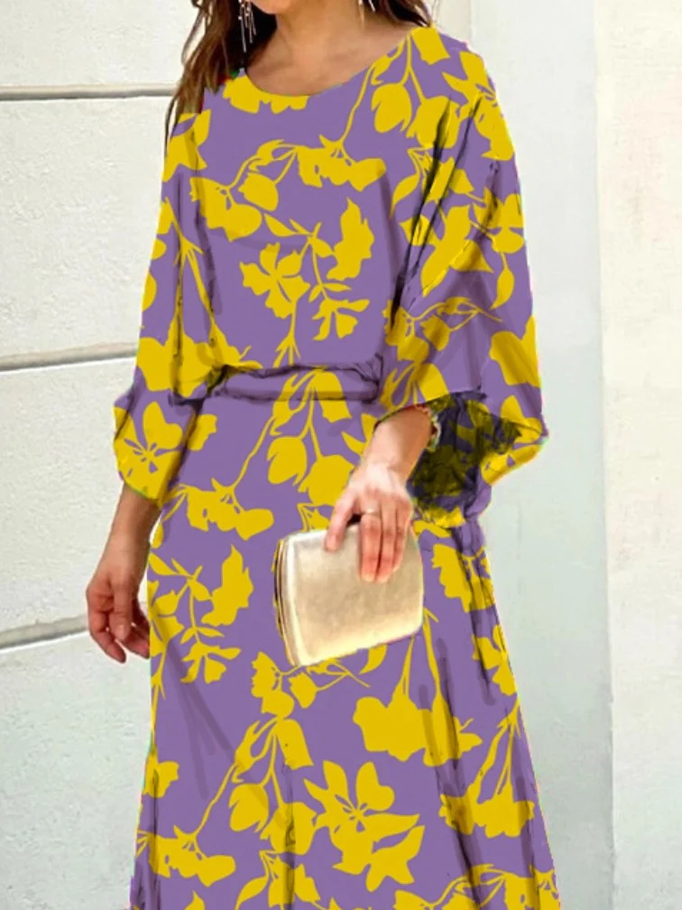 Loose Contrast Color Floral Printed T-Shirt Top&Skirt 2 Pieces Set - Image 2