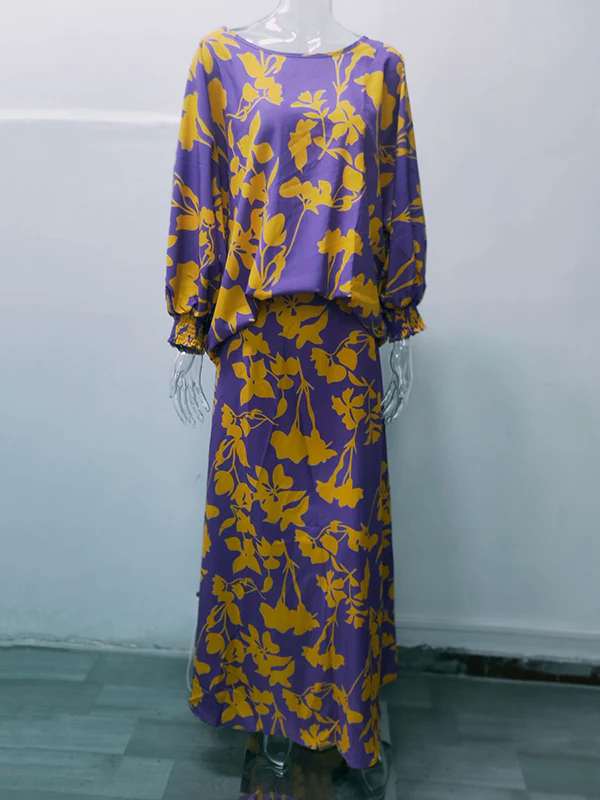 Loose Contrast Color Floral Printed T-Shirt Top&Skirt 2 Pieces Set - Image 3